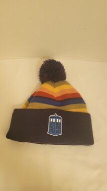 Doctor Who TARDIS Pom Beanie Hat Acrylic Knit Striped Blue Multi One Size